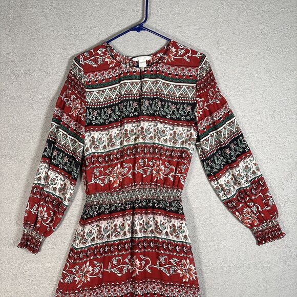 H&M Conscious Womens Maxi Dress 8 Chiffon Red Floral Sheer Smocked Boho Key Hole - Picture 2 of 16